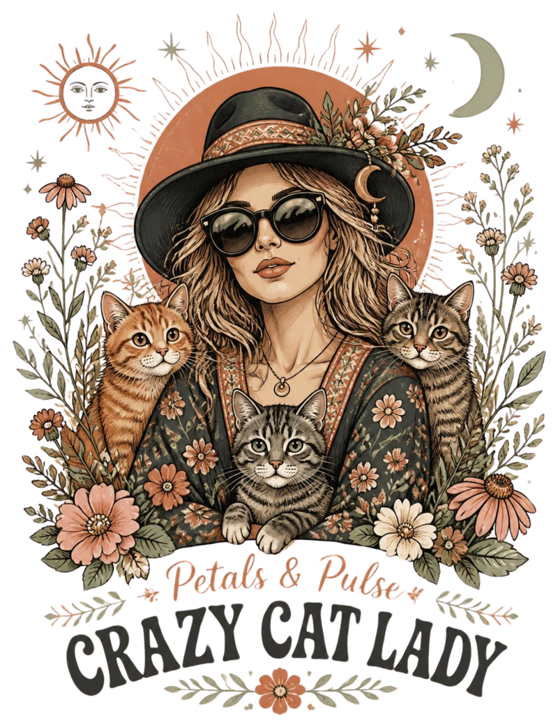 Petals and Pulse Crazy Cat Lady boho illustration