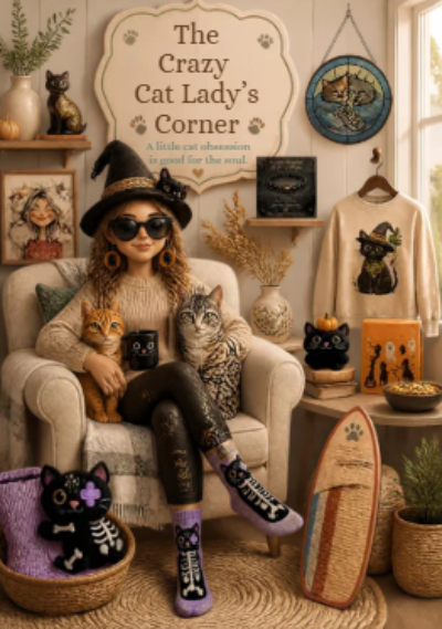 A cozy, highly styled interior scene featuring a woman in a witch hat and sunglasses sitting in an armchair with two cats, surrounded by Halloween-themed decor, a framed sign reading 'The Crazy Cat Lady's Corner,' a cat sweater, and a cat-themed phone case.
