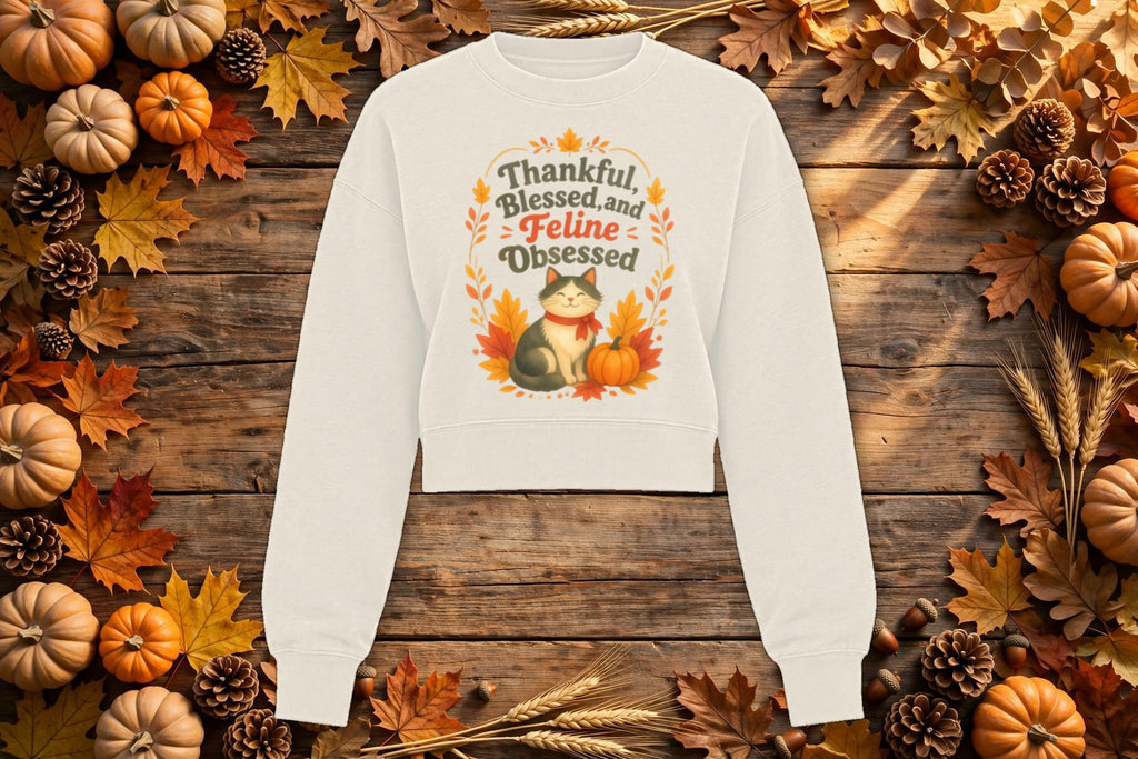 Thankful, Blessed and Feline Obsessed cropped crewneck styled on an autumn flat lay