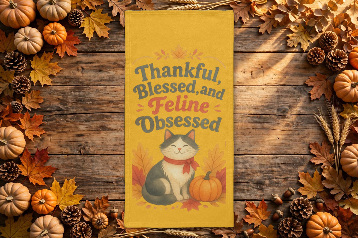 Thankful, Blessed and Feline Obsessed kitchen towel styled on a rustic autumn table
