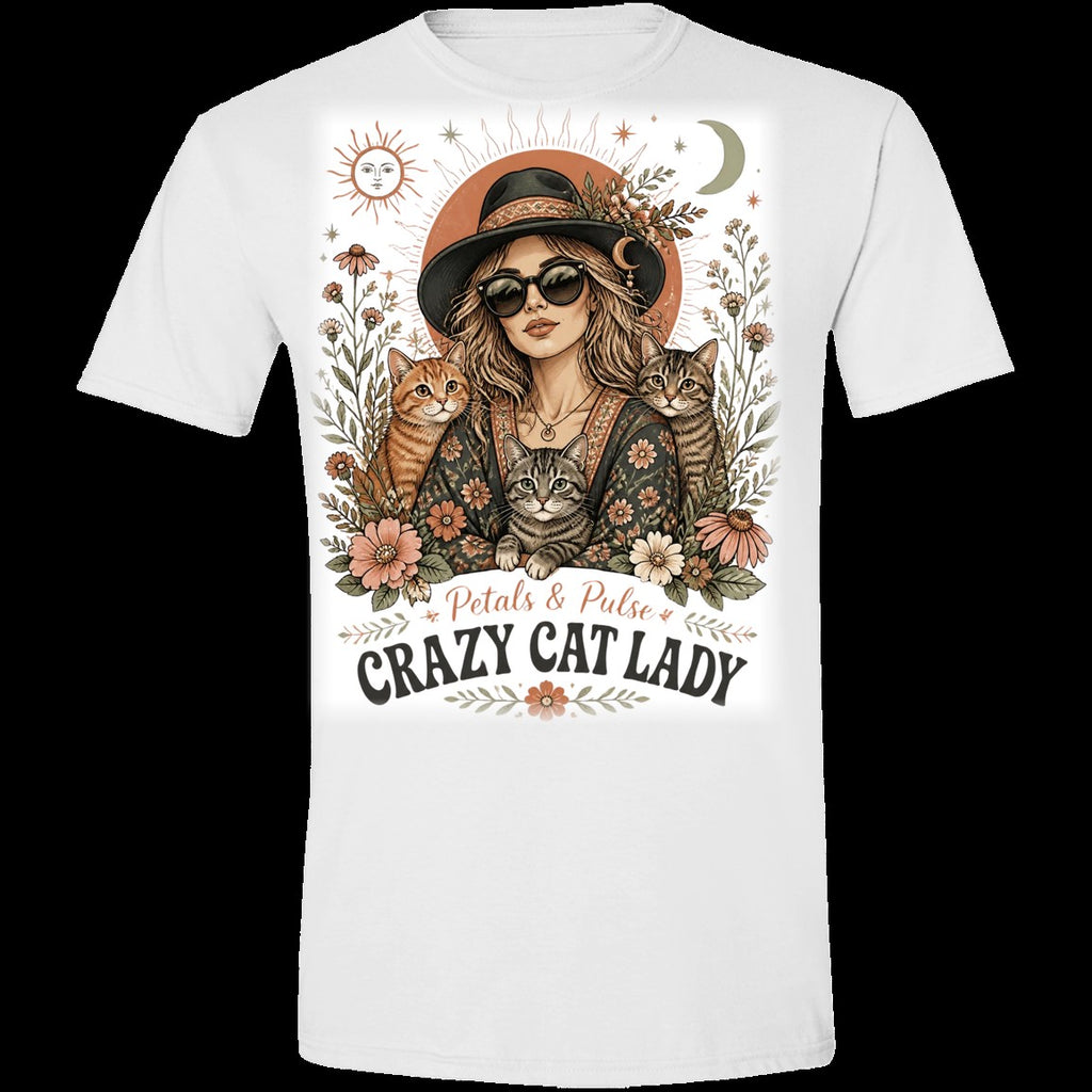 Crazy Cat Lady boho graphic t-shirt mockup — retro cat lady with three cats on a white tee