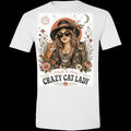 Crazy Cat Lady boho graphic t-shirt mockup — retro cat lady with three cats on a white tee