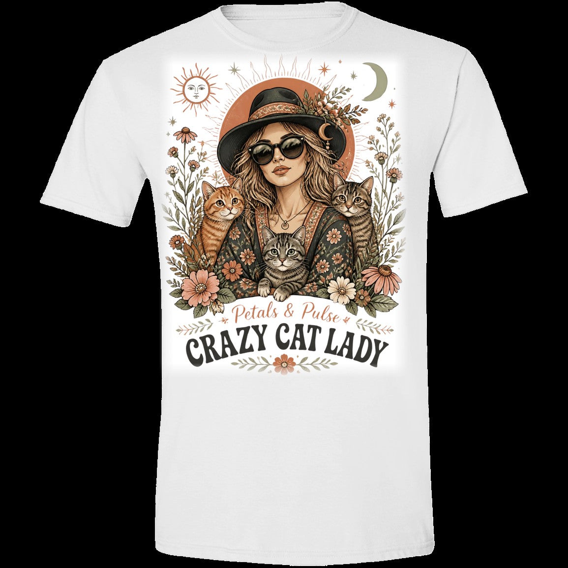 Crazy Cat Lady boho graphic t-shirt mockup — retro cat lady with three cats on a white tee
