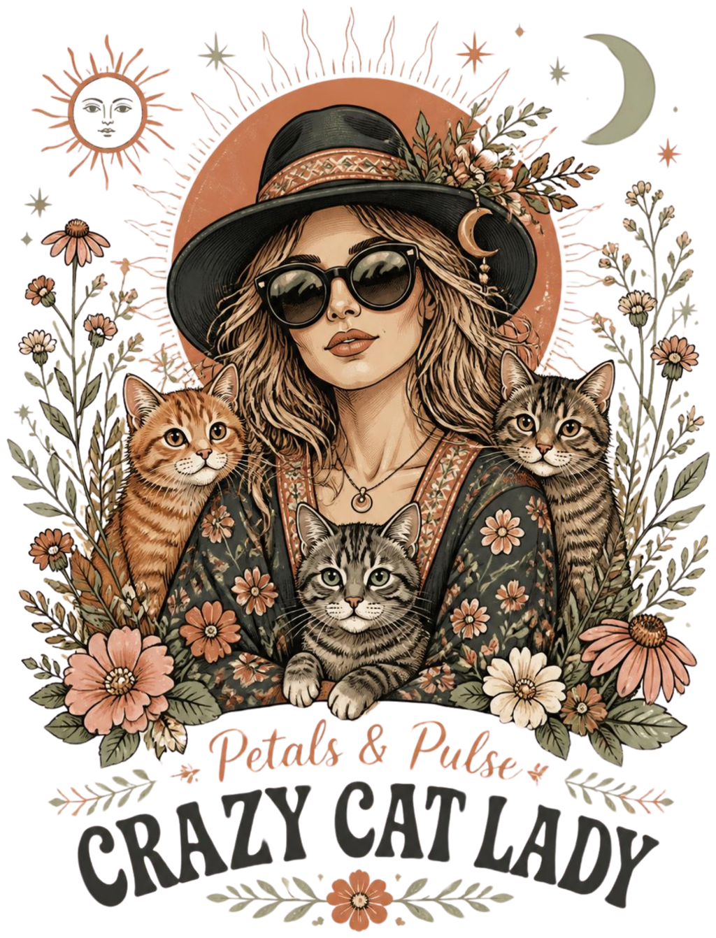 Petals and Pulse Crazy Cat Lady original boho artwork — cat lady with three cats, sun and moon