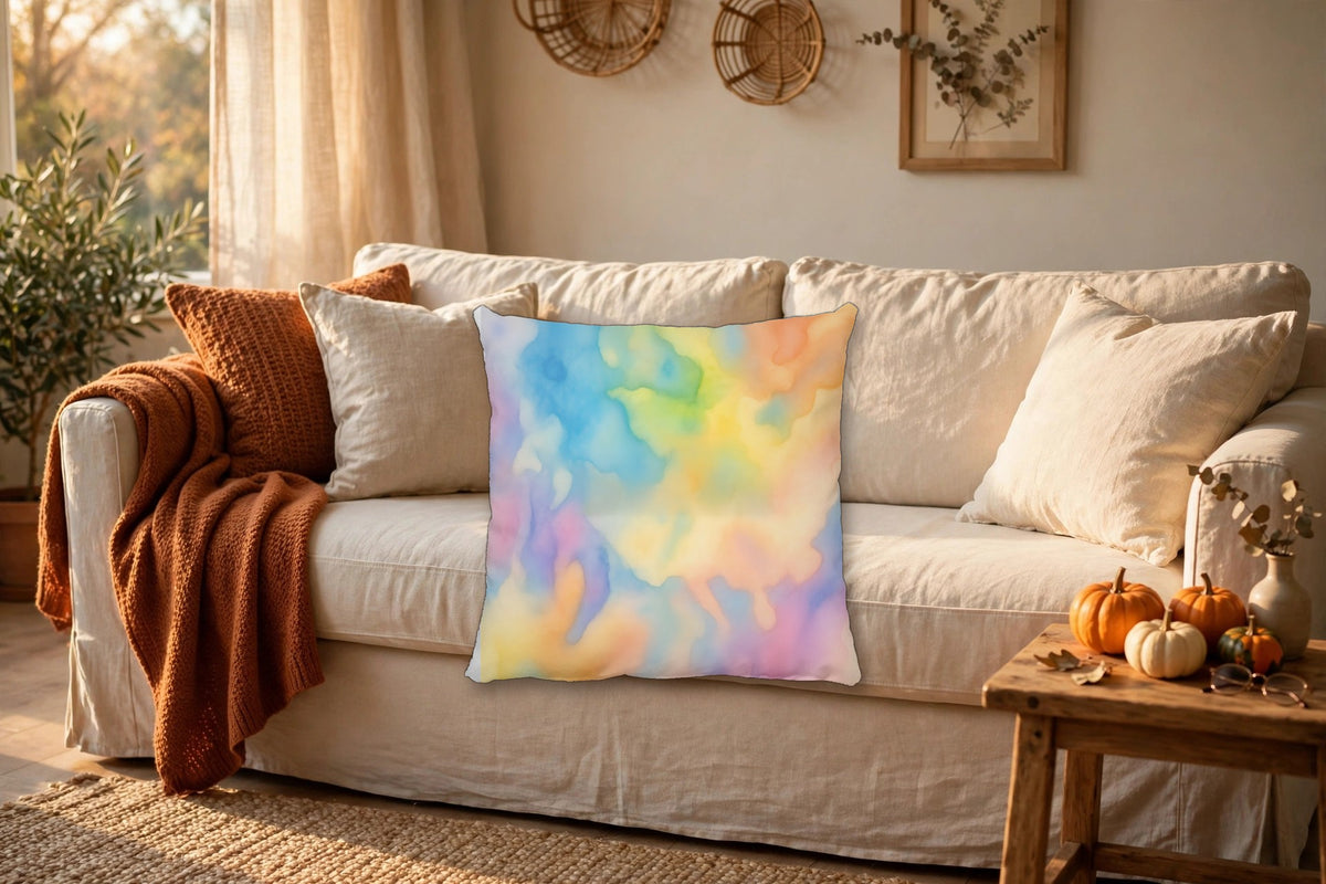 Dreaming in Watercolor square pillow styled on a cozy sofa