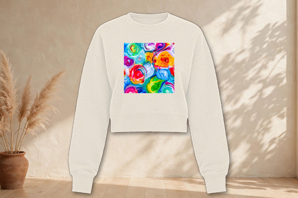 Flower Power cropped crewneck in cream, styled in a boho studio setting