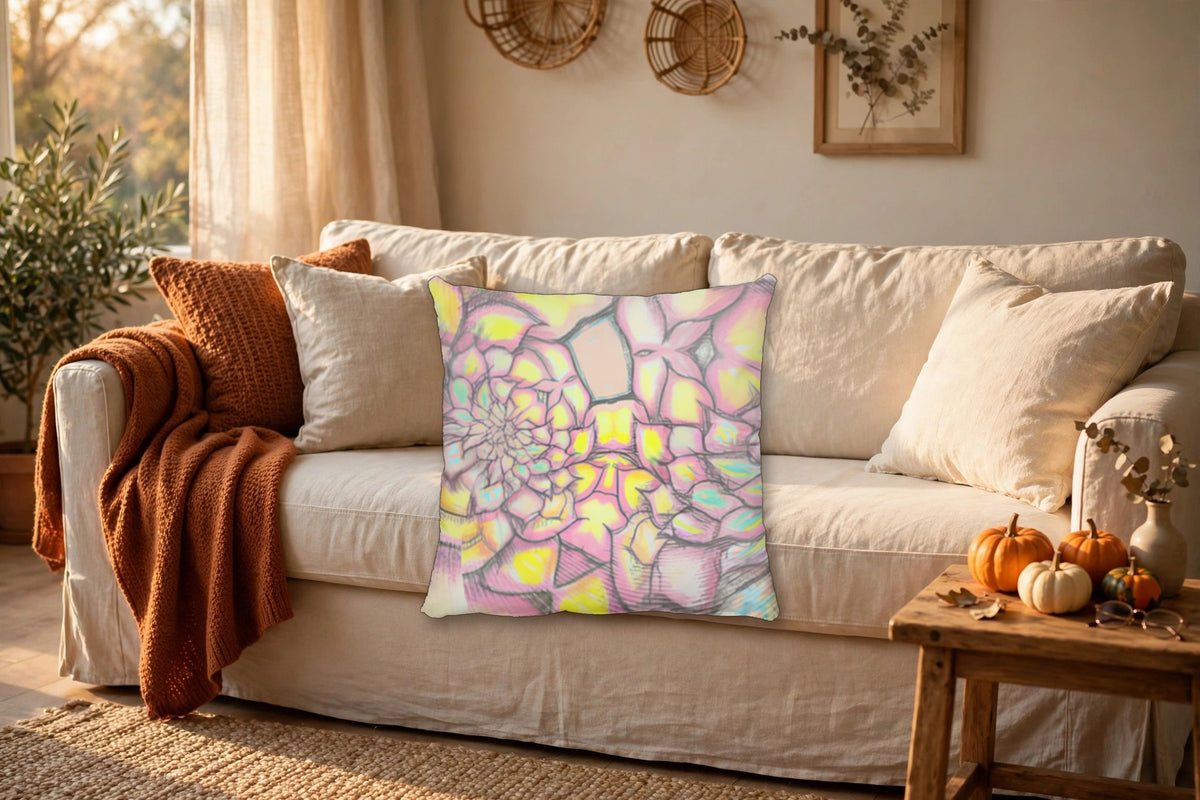 Succulent Daydream throw pillow styled on a cozy sofa