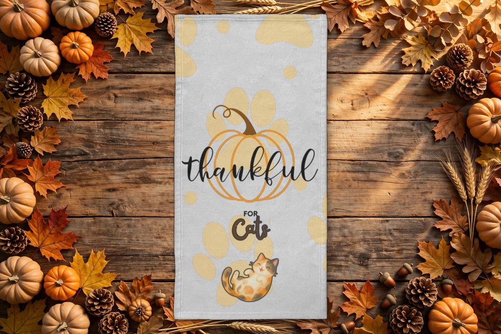 Thankful for Cats kitchen towel styled on a rustic autumn table