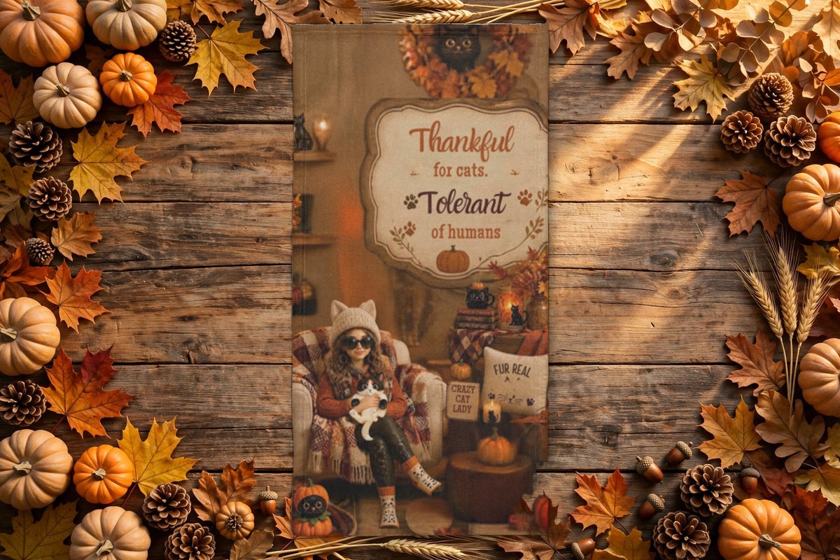 Thankful for Cats, Tolerant of Humans kitchen towel styled on a rustic autumn table