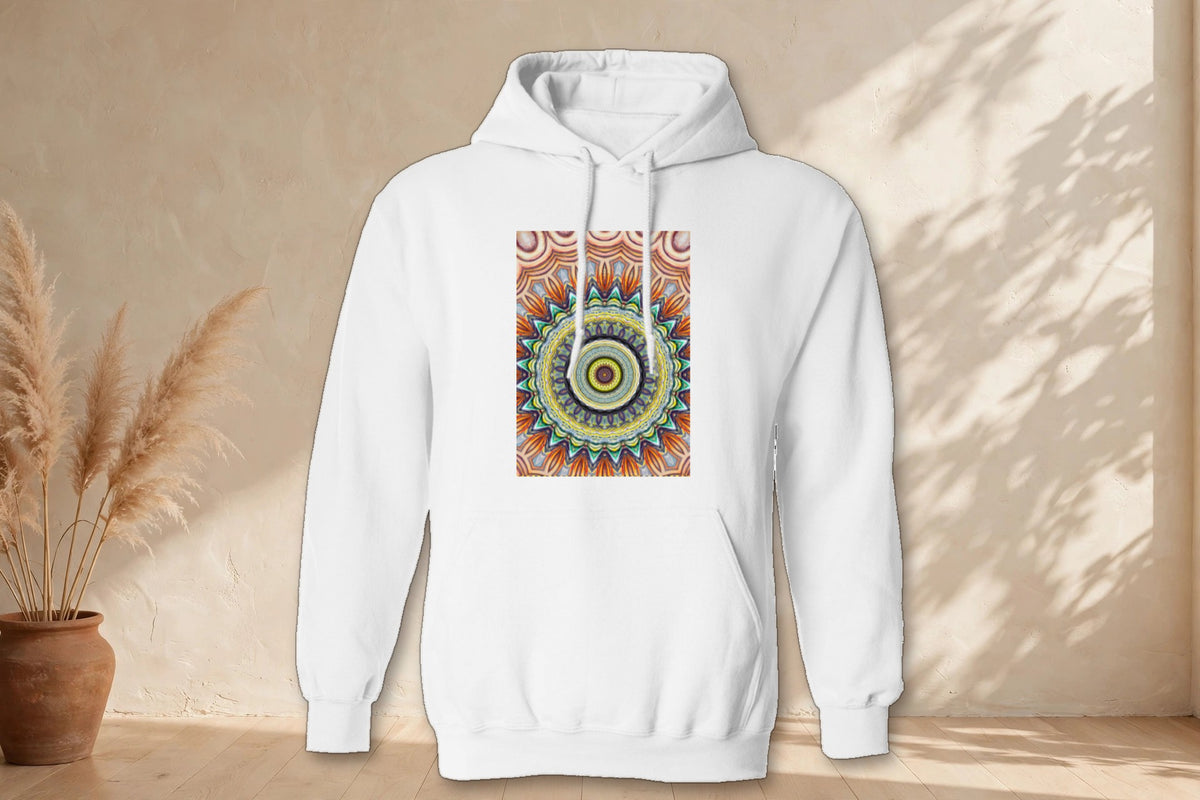 Trippy Mandala pullover hoodie styled in a boho studio setting